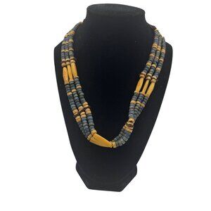 Wood Beaded Multistrand Choker Necklace Blue Yellow Tribal Bohemian Adjustable